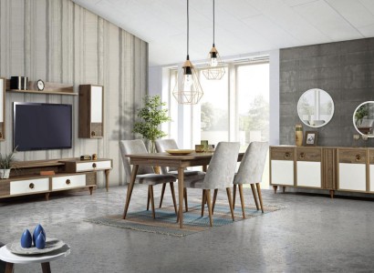 Esszimmer Set Tisch 4x Stühle Anrichte Set Garnitur Design Holz Textil